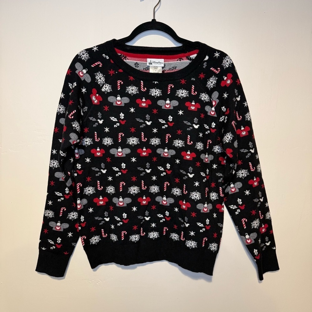 DISNEY PARKS Ugly Christmas Sweater Collection Black Red Ornaments Mickey Ears M